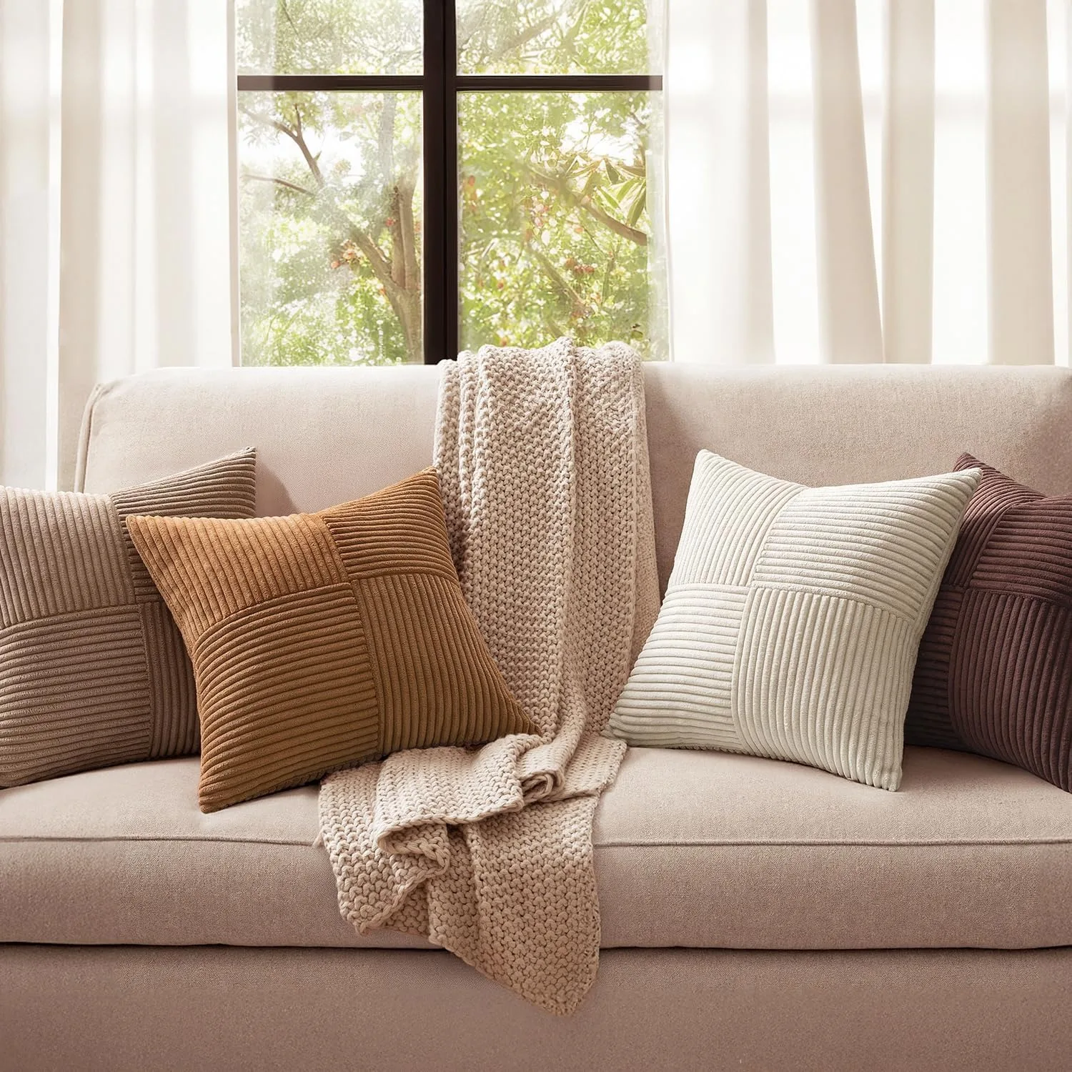 Brown Throw Pillow Covers 45x45CM Boho Farmhouse Cushion Cases Neutral Gradient Corduroy Pillow Cases with Patchwork Home Decor