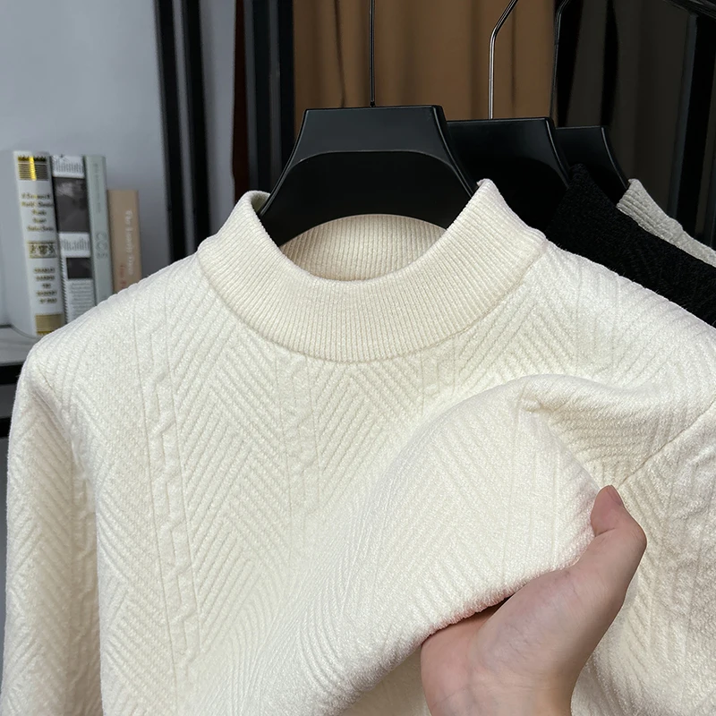 

Fashion solid color jacquard knitted sweater luxury autumn winter thick warm men's round neck pullover new comfort casual top