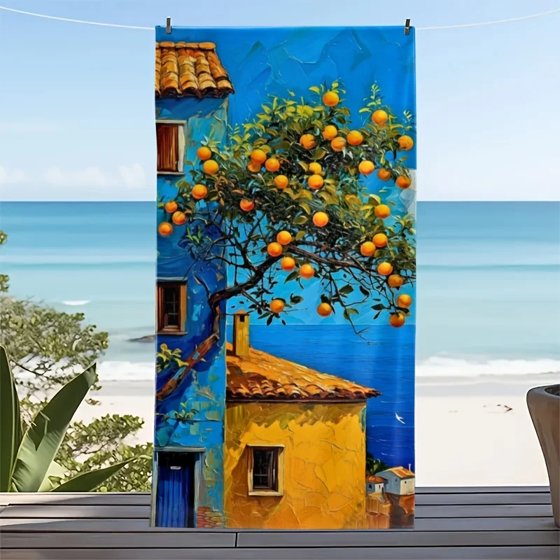 Mediterranean Orange Tree Oil Painting Beach Towel Quick Dry Travel Wrap for Summer Pool Vacation