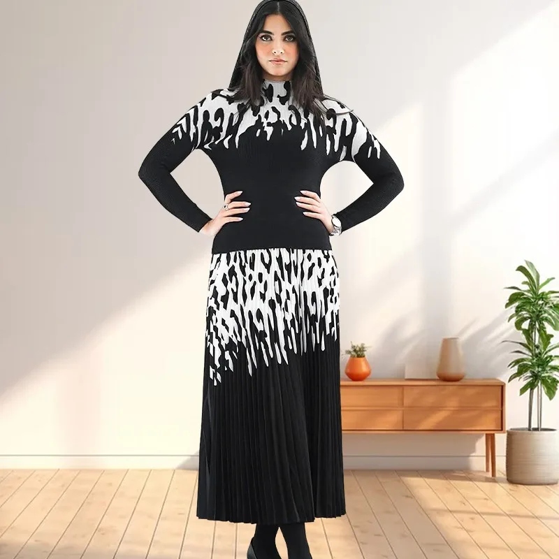 

Women's Long Sleeve Top Set Miyake Pleated New Temperament Half Skirt Large Size Stretch Temperament Commuter Prom 2 Piece Set
