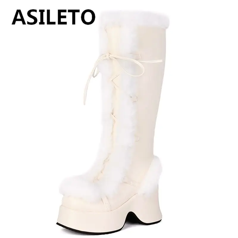 

ASILETO Women Winter Knee High Boots Round Toe Block Heels 8.4cm Platform 4.4cm Lace Up Furry Warm Snow Bota Big Size 41 42 43