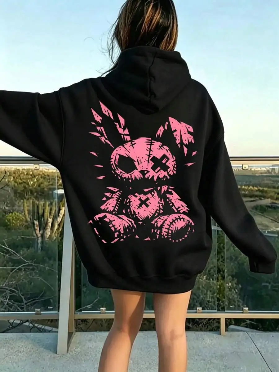 Women's Fall & Winter Graphic Print Hoodie, Pink Skull Rabbit Print Fleece-Lined Long Sleeve Casual Sweatshirt With Kangaroo Pocket, Daily