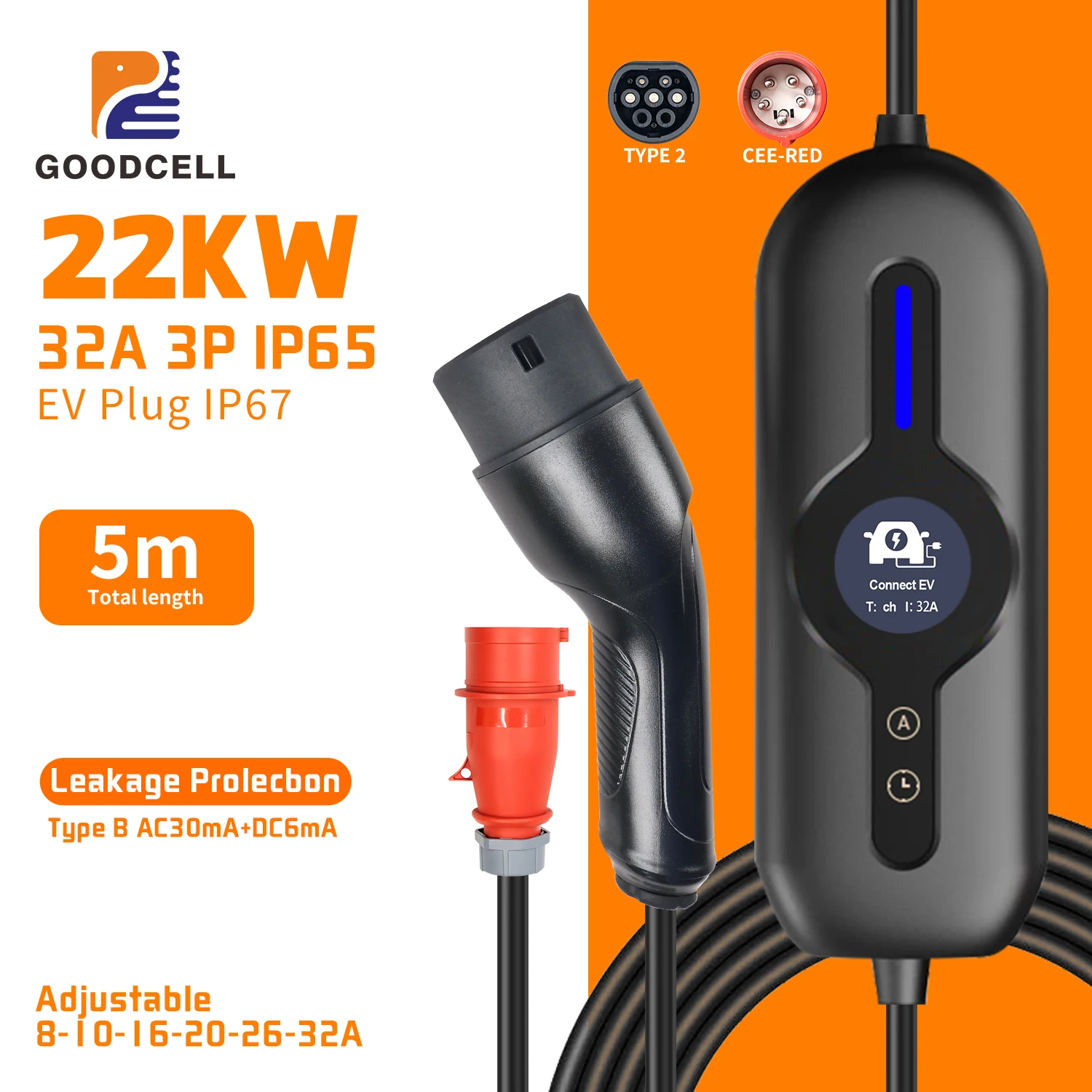 

GOODCELL Latest model 22KW 32A Portable EV Charger Type2 EVSE Charging Box Electric Vehicle Charger 63mm CEE RED Plug 5M Cable