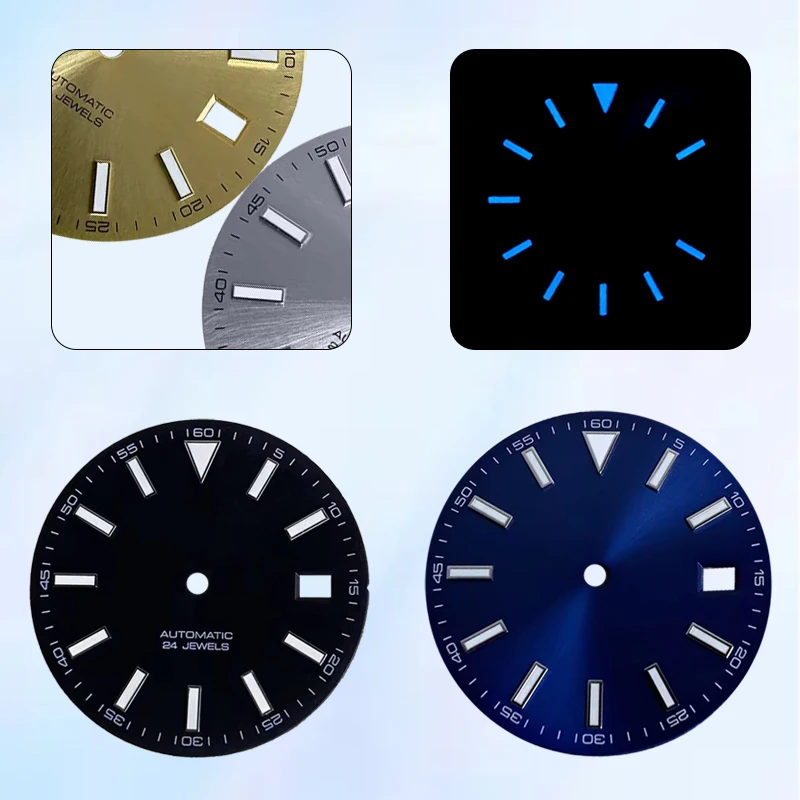 Marco de calendario único Esfera luminosa azul adecuada para movimiento NH35/NH36, piezas de reloj de 30,8mm de diámetro, esfera modificada personalizada