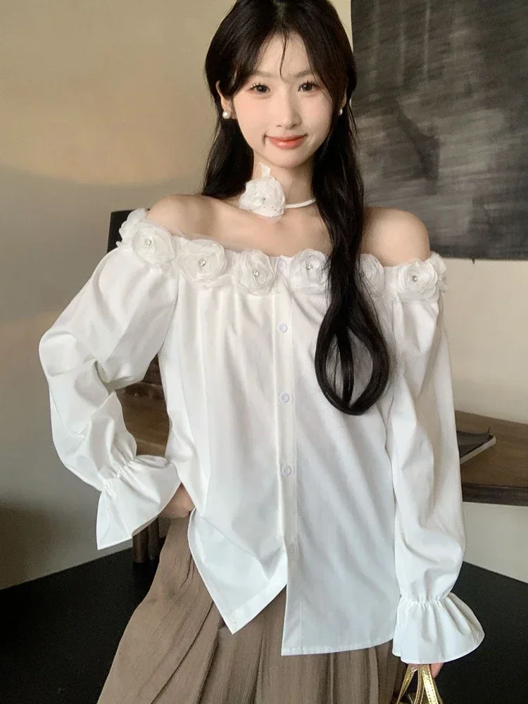 

Korean 3D Floral White Shirts Women Sexy Off Shoulder Slash Neck Blouse Elegant Long Sleeve Loose Female Blouse Casual Tops