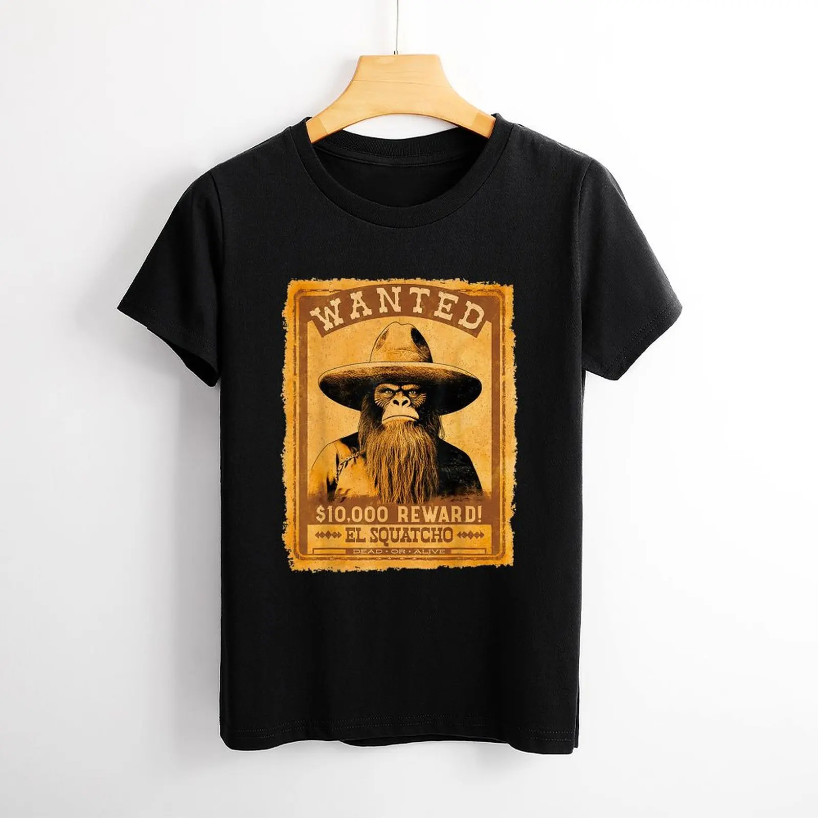 El Squatcho Wanted Poster Western Bigfoot Funny Sasquatch Print T-Shirt Graphic Shirts Casual Short Sleeved Tee TShirt T-shirts