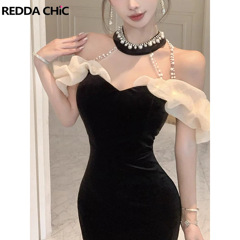 

REDDACHiC Women Velvet Halter Evening Dress Pearl Beaded Off Shoulder Fishtail Bodycon Maxi Long Dress Formal Evening Party Gown