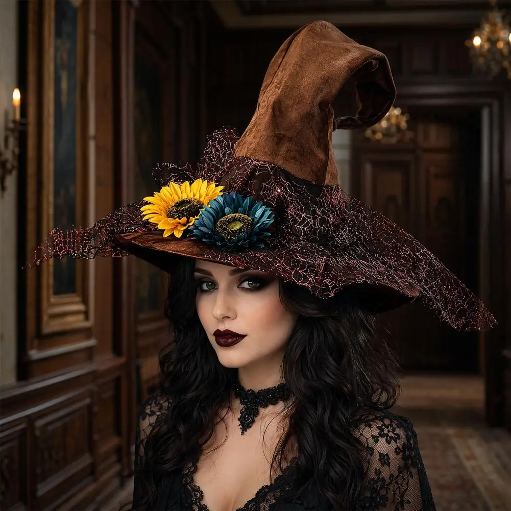 Halloween Witch Hat Women's Large Ruched Witch Hat with Ruffle Flowers Halloween Felt Wizard Hat Adults Cosplay Costume