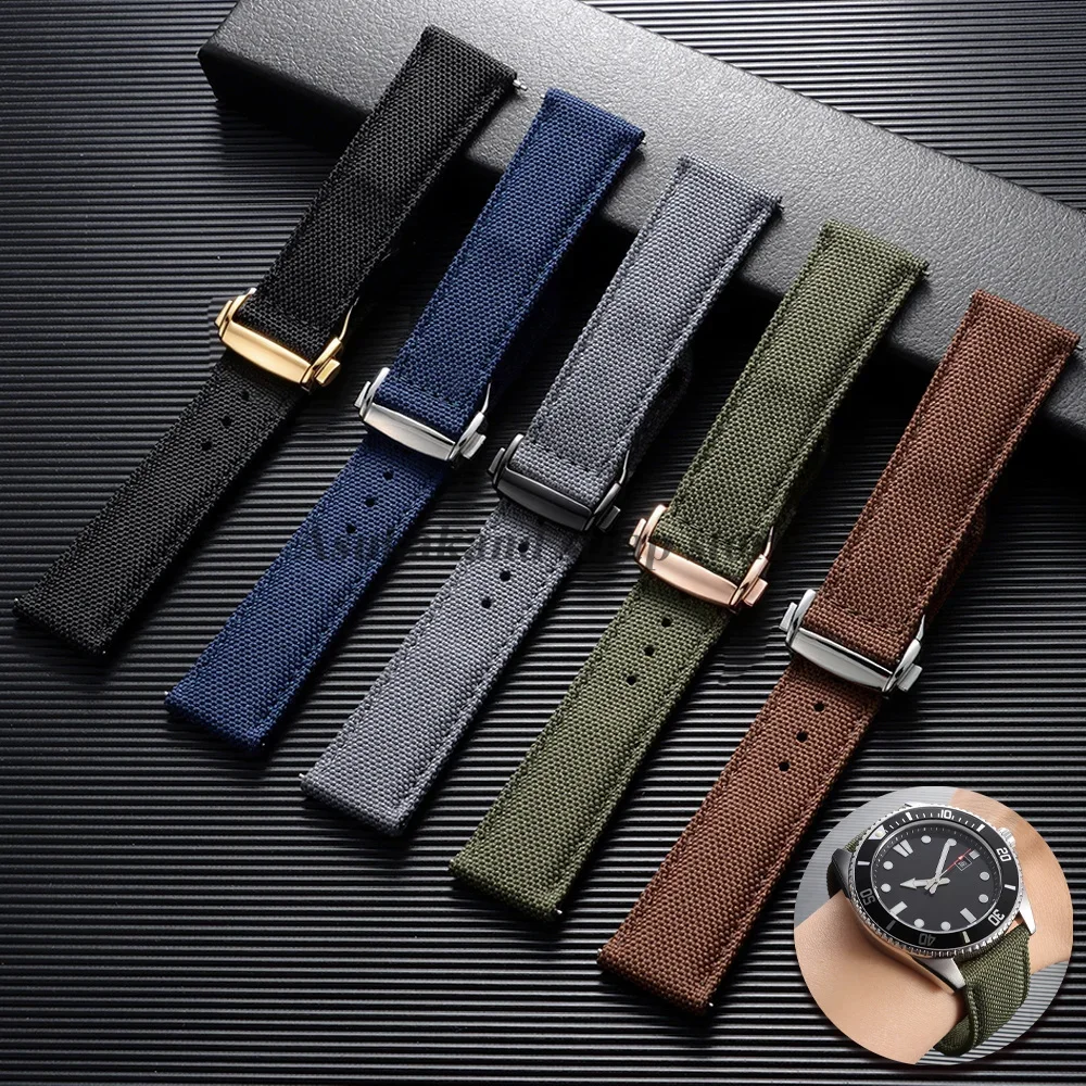 Sailcloth Watch Strap 20mm 22mm for Omega Two-Side Waterproof Nylon Quick Release Folding Buckle Watch Band for Seiko Wristband