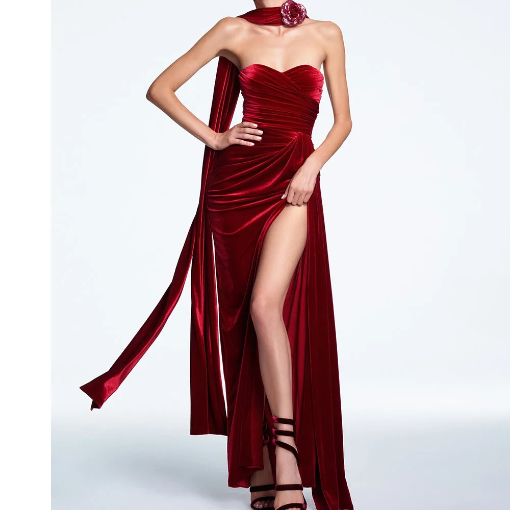 

Fashion Velour Straight Sweetheart Flowers and Ribbons Evening Dress Sleeveless Side Slit Floor Length Panel Train فساتين سهرة