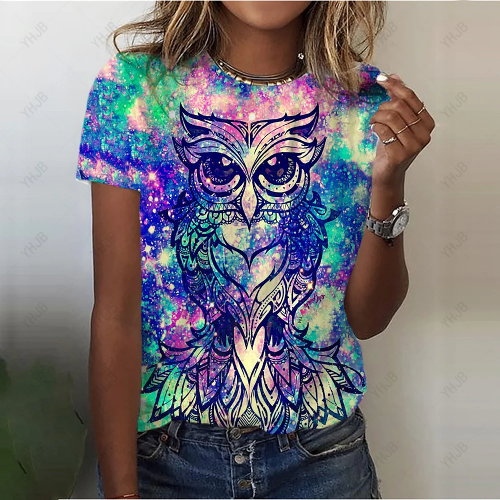 Vintage Animals Print Women's T Shirts Summer Fashion Short Sleeve Top 3d Owl Print Oversized Female Clothing Ladies Holiday Tee