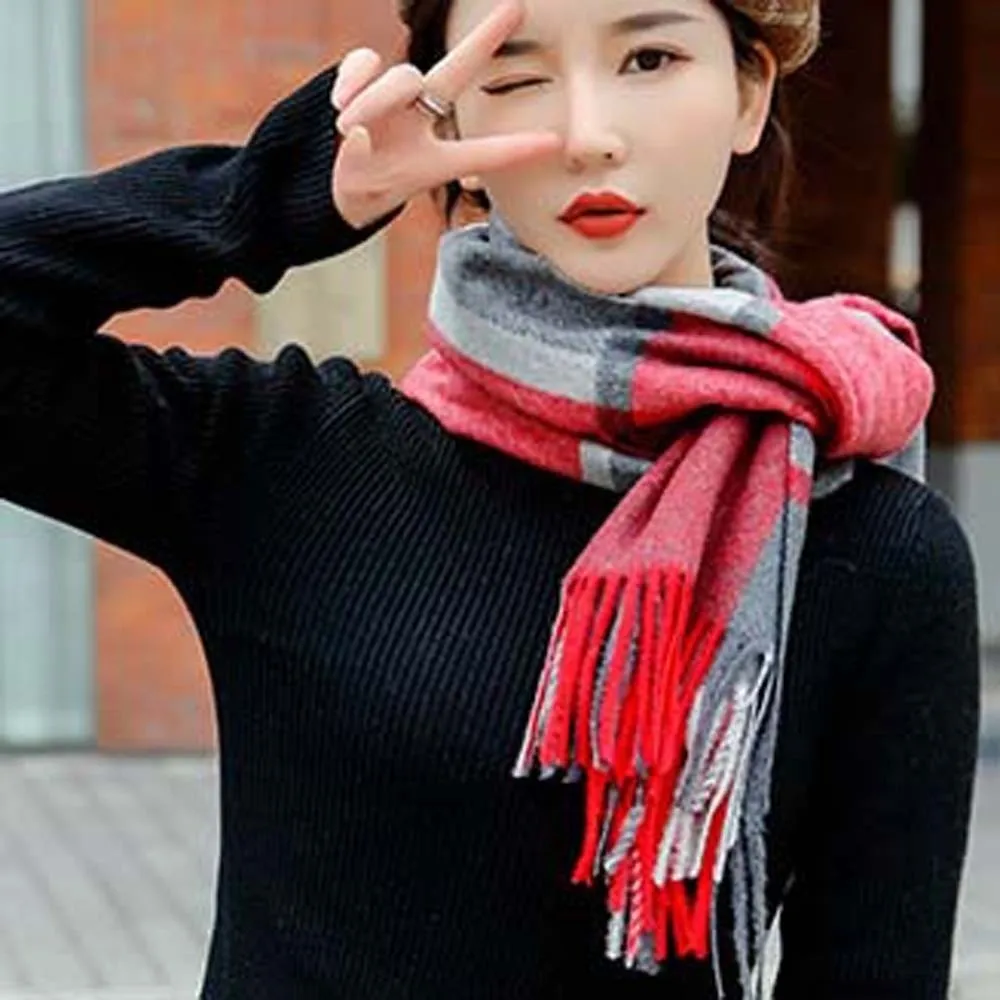 وشاح من الصوف الكلاسيكي منقوش ناعم من البوليستر المحبوك وشاح من الصوف على الطراز الكوري بألوان متباينة وشاح طويل مع شرابة مقاومة للرياح #3