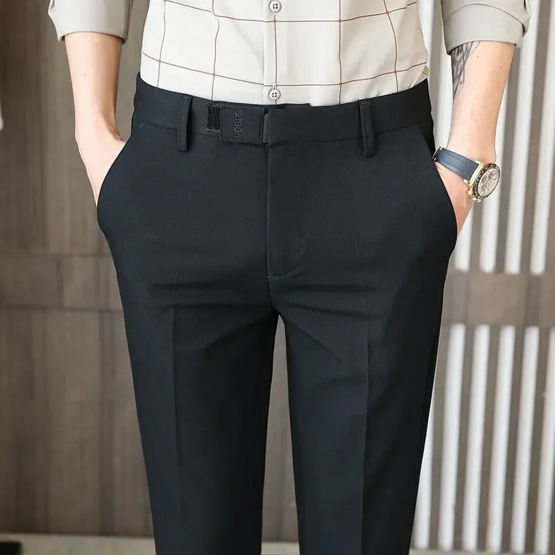 Male Suit Trousers 9 Cropped Work Tressed Office Men\'s Summer Pants Straight Slim Fit Social Tailoring Business Formal Vintage