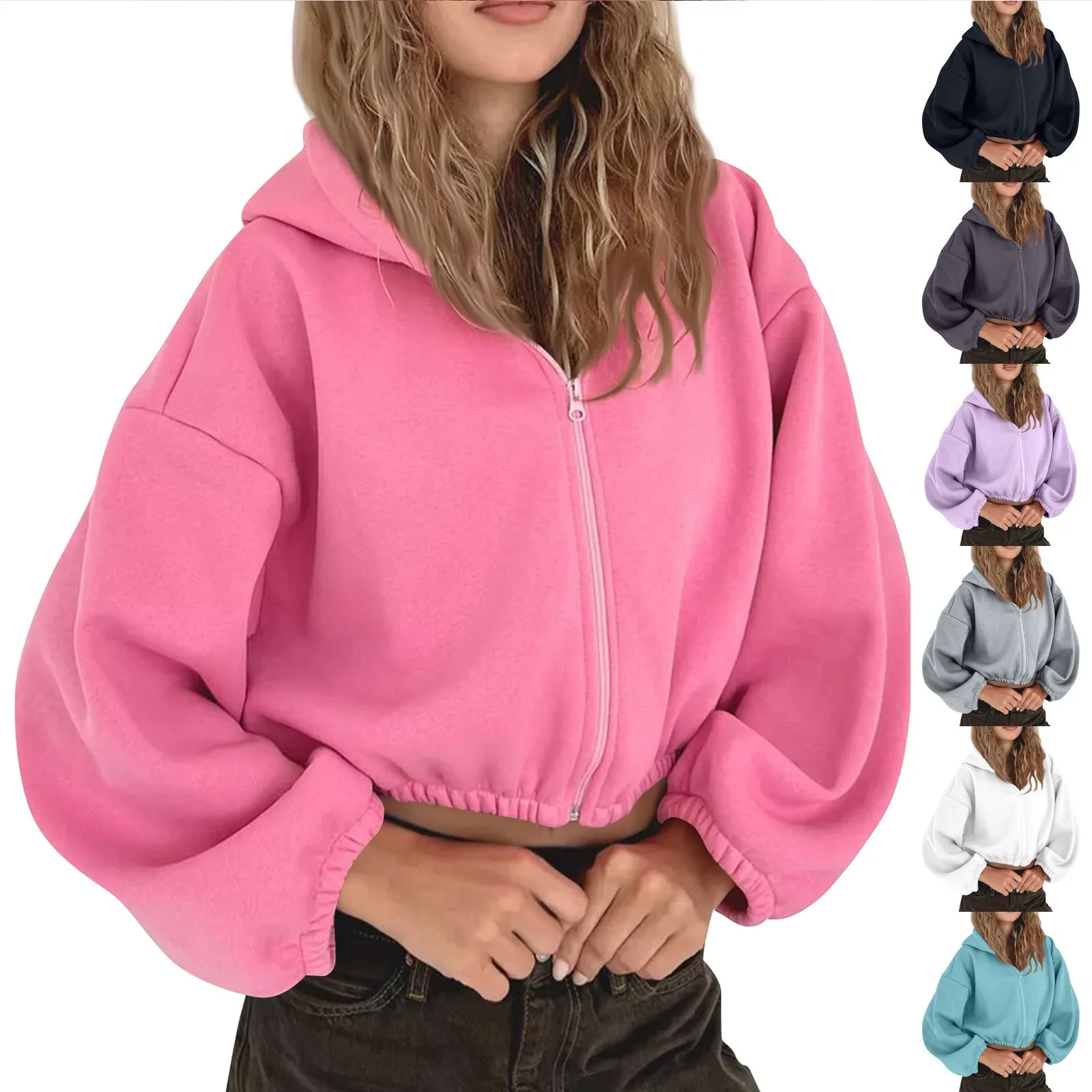 Womens Zip Up Y2k Hoodies Long Sleeve Spring Autumn Oversized Casual Solid Color Short Sweatshirts Jacket Ropa De Mujer