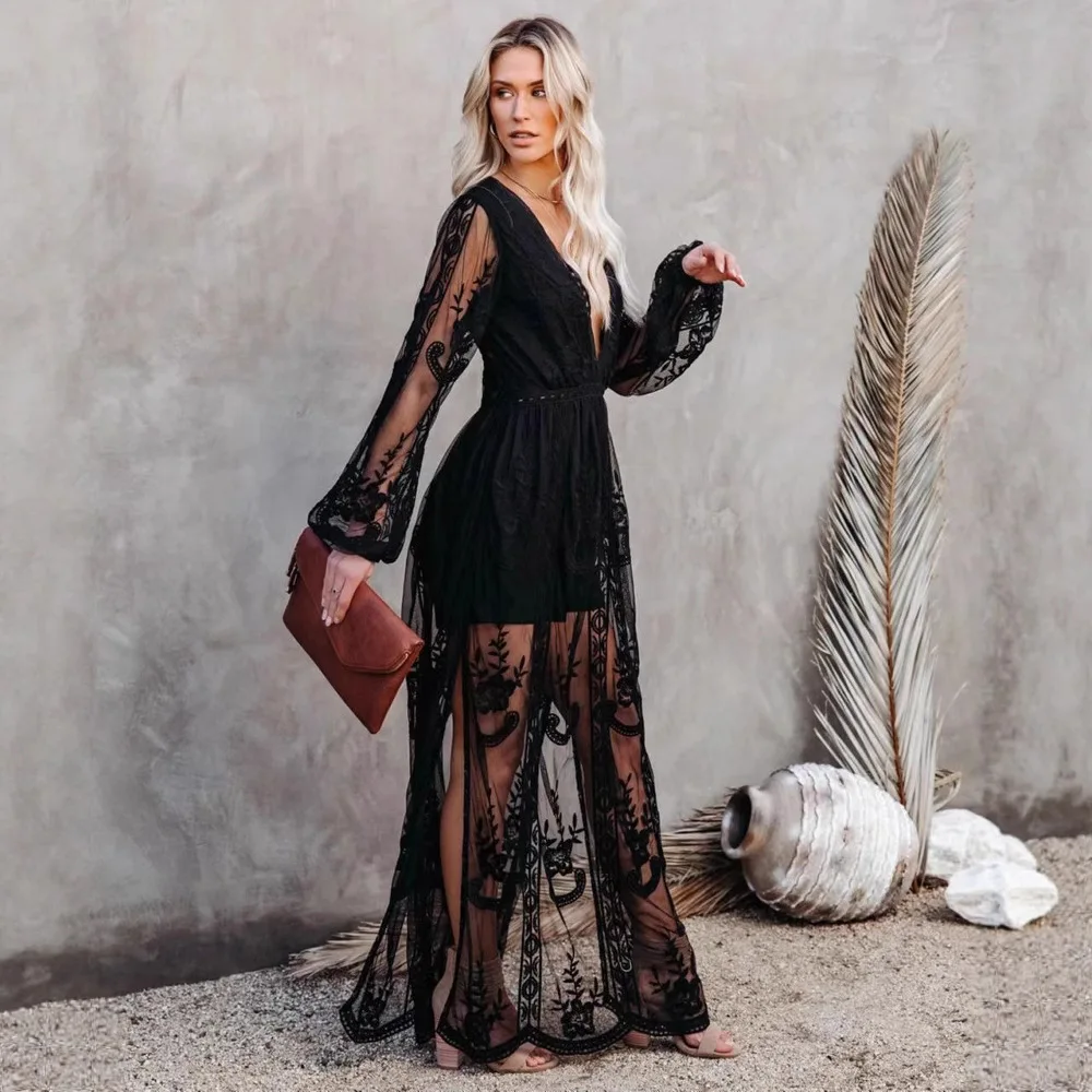 Women's Clothing Lace Dress Long-sleeve V-neck Hollow Out Floor Length Beach Dress V-neck Embroidery White Maxi Dress 2025