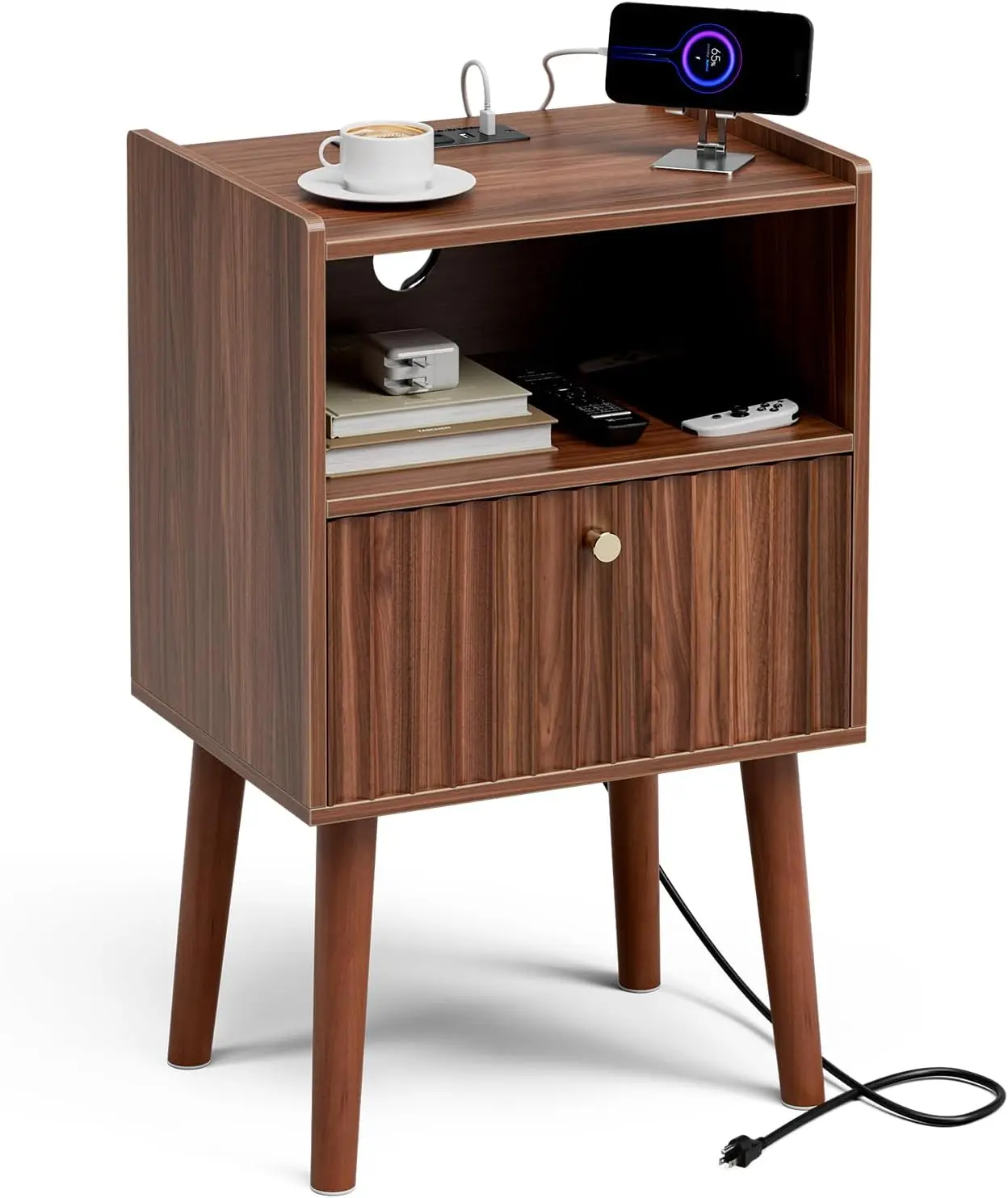 

Side Table with Charging Station, Fluted Drawer, 2-Tier Storage, Walnut – Modern Bedside Table for Bedroom & Living Room