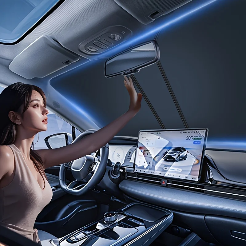 Car Sun Visor Silvery Coated Fabric,Front Window Shade Curtain,Universal Car Interior Windproof Insulation Sunshade - Ideal Gift
