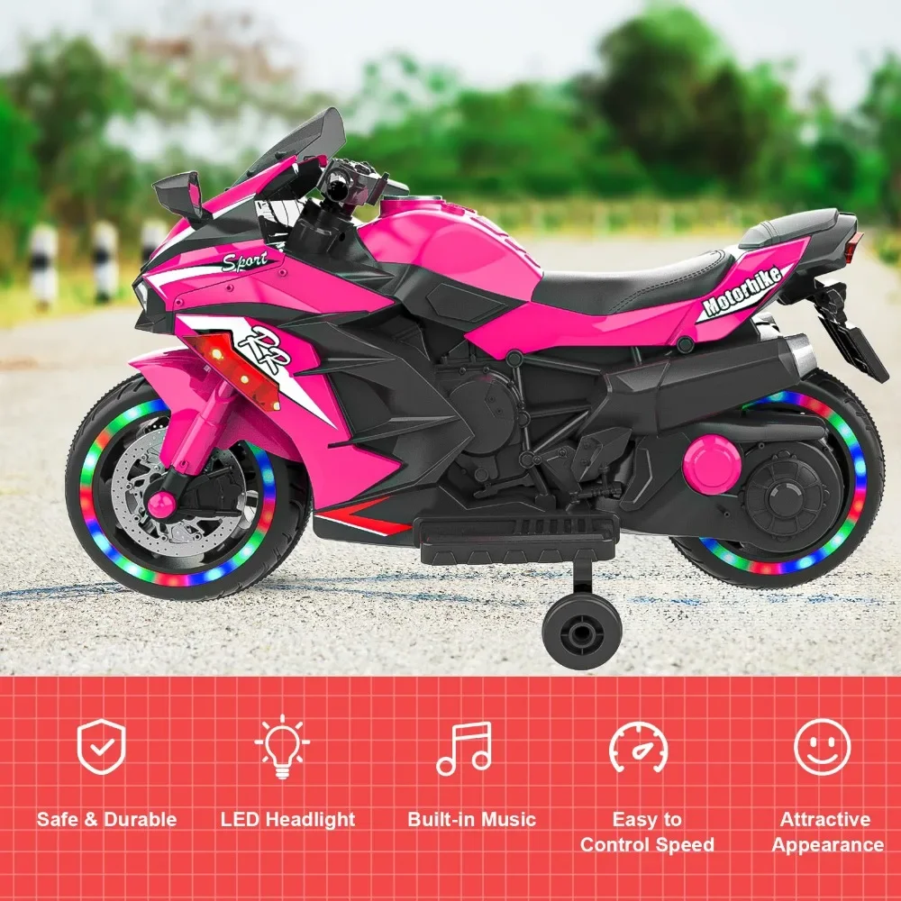 12V Electric Kids' Ride on Vehicles, Powered Toy Motorcycle, Child Motorcycle Ride on With Light Wheels and Bluetooth Music Pink