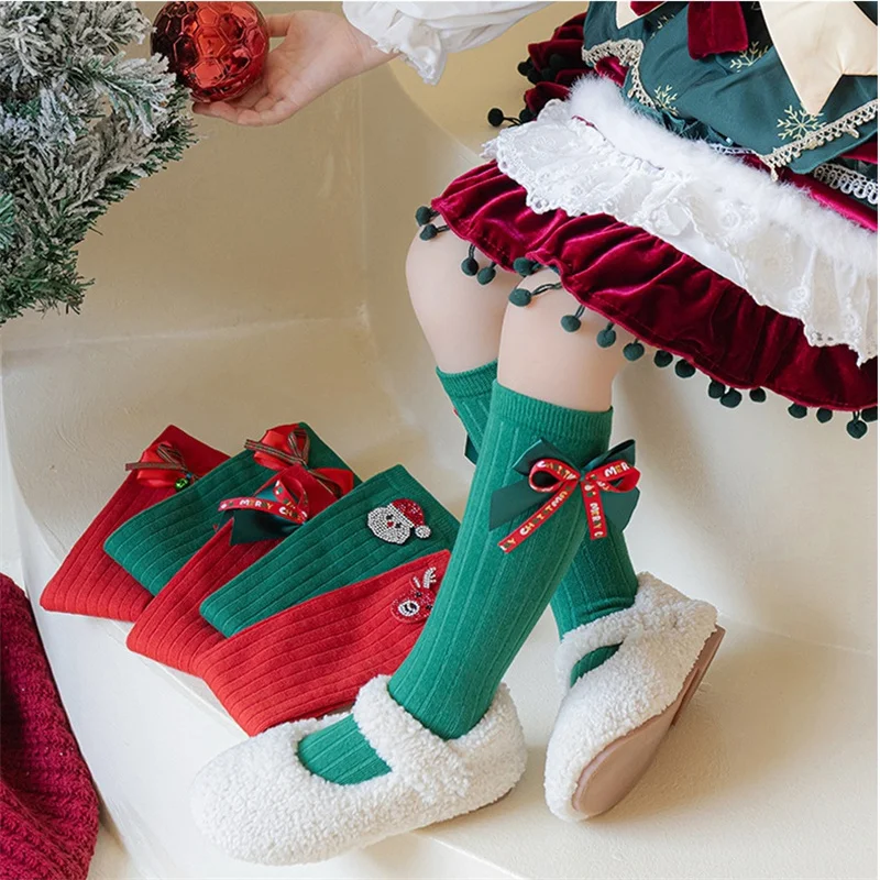 

Children Christmas Socks Bow Santa Elk Cartoon Girls Stockings Princess Solid Knitted Kids Stockings Festive Red New Year Socks