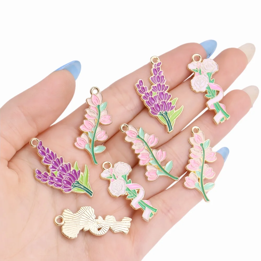 10Pcs Fashion Enamel Flower Charm for Jewelry Making Rose Lily Violet Pendant Necklace Keychain Accessories Diy Supplies