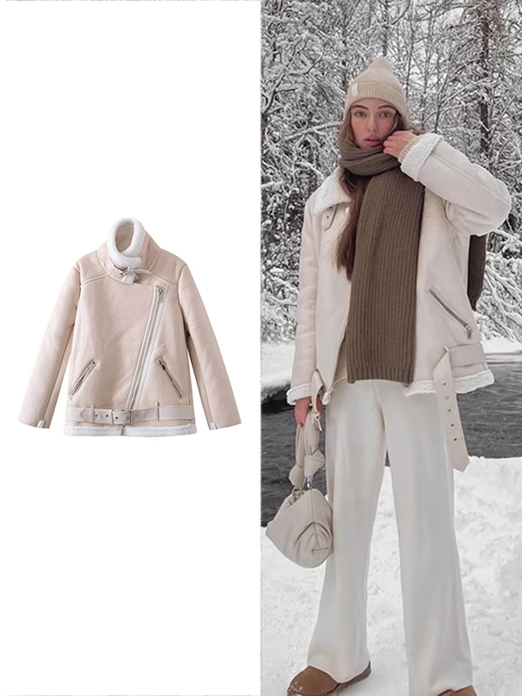 TRAF Women\'s Vintage Biker Riding Fur Belted Jacket Long Sleeve Lapel Zipper Jacket Fall and Winter Fashion Warm Padded Jacket