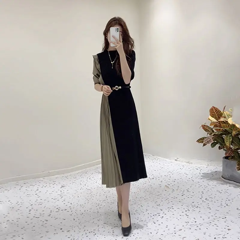 New Style Interior Paired with Coat Long Skirt Mid Length Style Waist Cinching Pleated Skirt Flesh Covering Casual Dresses