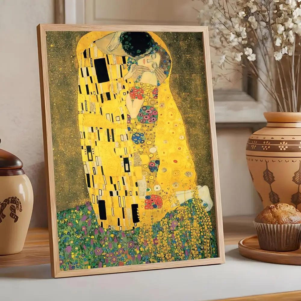 قبلة جي غوستاف كليمتس اللوحة الخط فرملس قماش ملصق جدار الفن مثالية للمطبخ الحمام ديكور المنزل