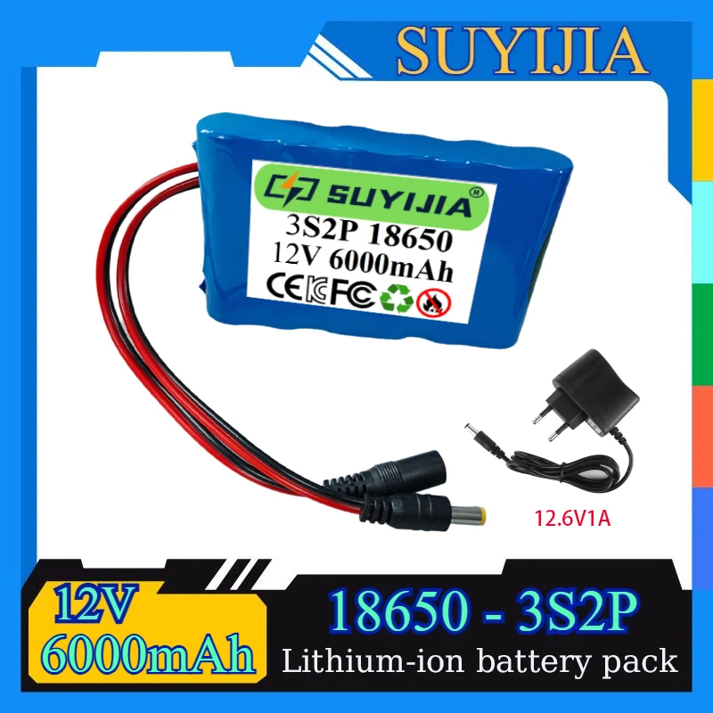 

18650 3S2P 12V 6000mah Original Lithium Ion Battery DC 12.6V 6Ah Rechargeable CCTV Camera Monitor Replacement Battery+Charger