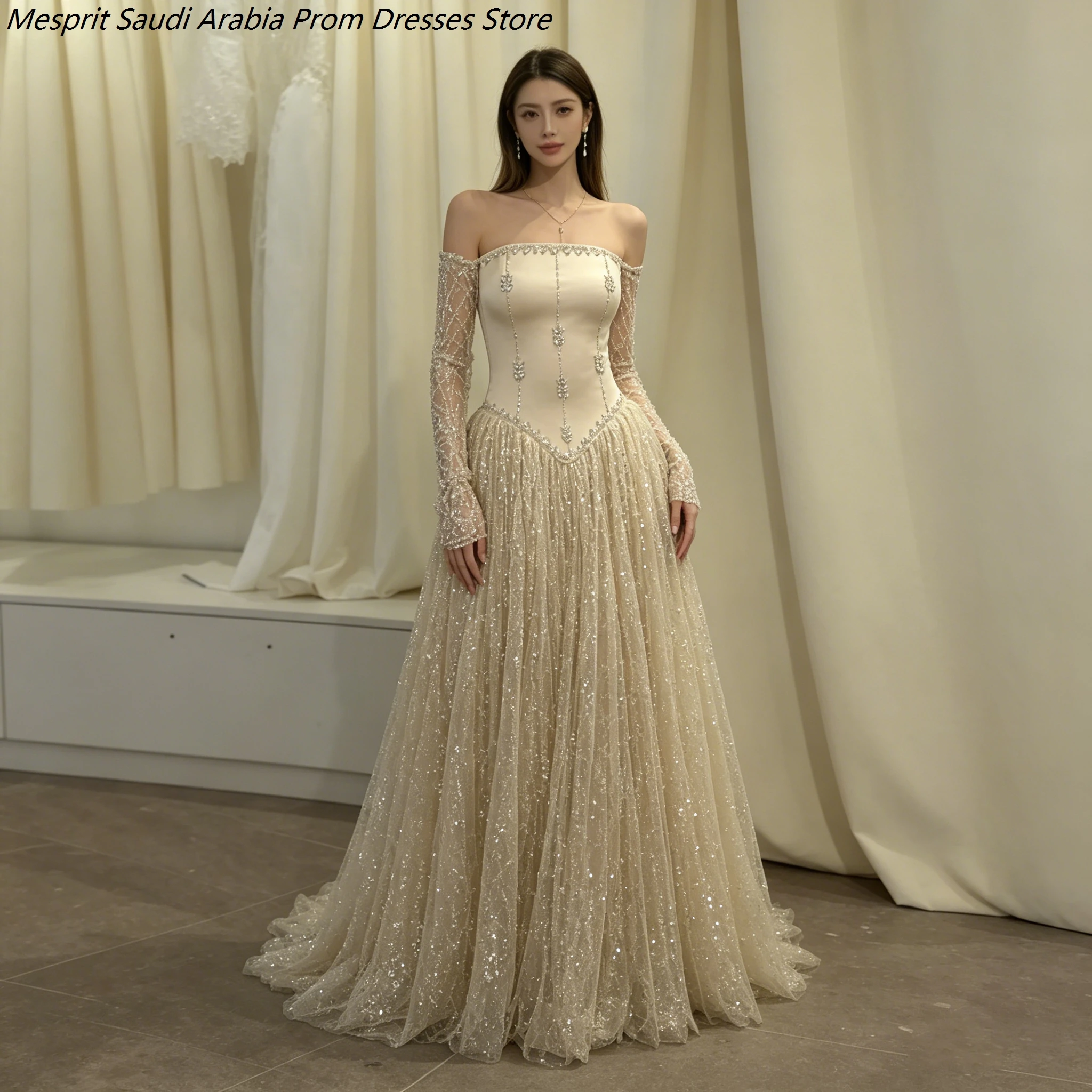 

Women's Mermaid Evening Dresses Floor-length Off The Shoulder Full Sleeve Prom Dresses Fashion Sequined Crystal Customized Gowns