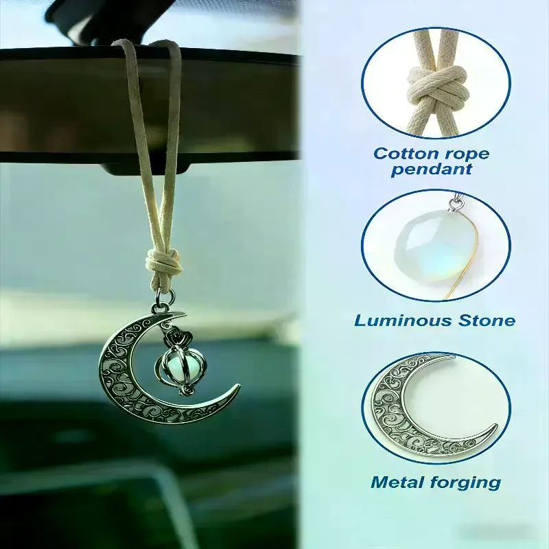 Moon Pendant Car Hanging Ornament – Hollow Crescent Design, Inlaid With Luminous Stone, Elegant Rearview Mirror Decor image 6