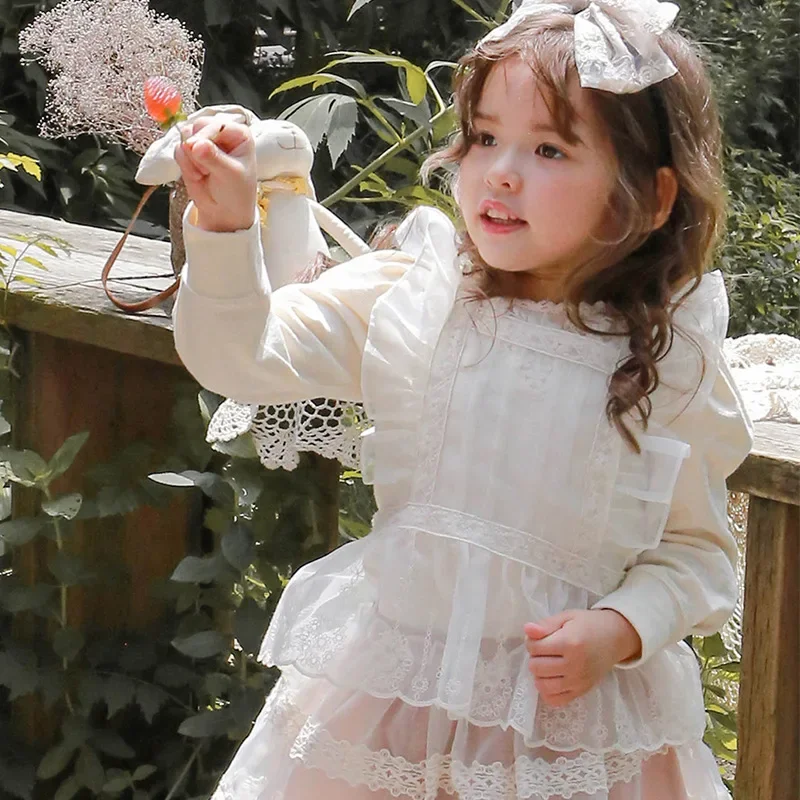 Kids Clothing for Girls Base Shirt 2023 New Korean Puff Sleeve Fashion Solid Color Lace Sweet Princess Cute Cotton Soft O-neck