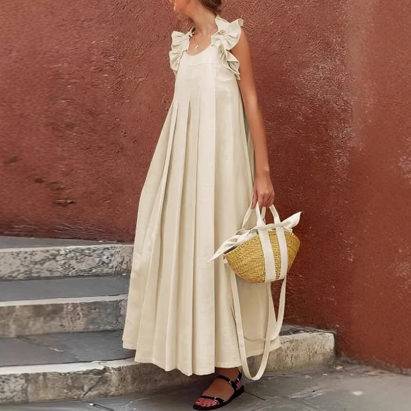Casual 2026 Dress Solid Color Vestidos Comfortable Dresses Woman All-match Simple Style French Spaghetti Strap Fungus Side Sling