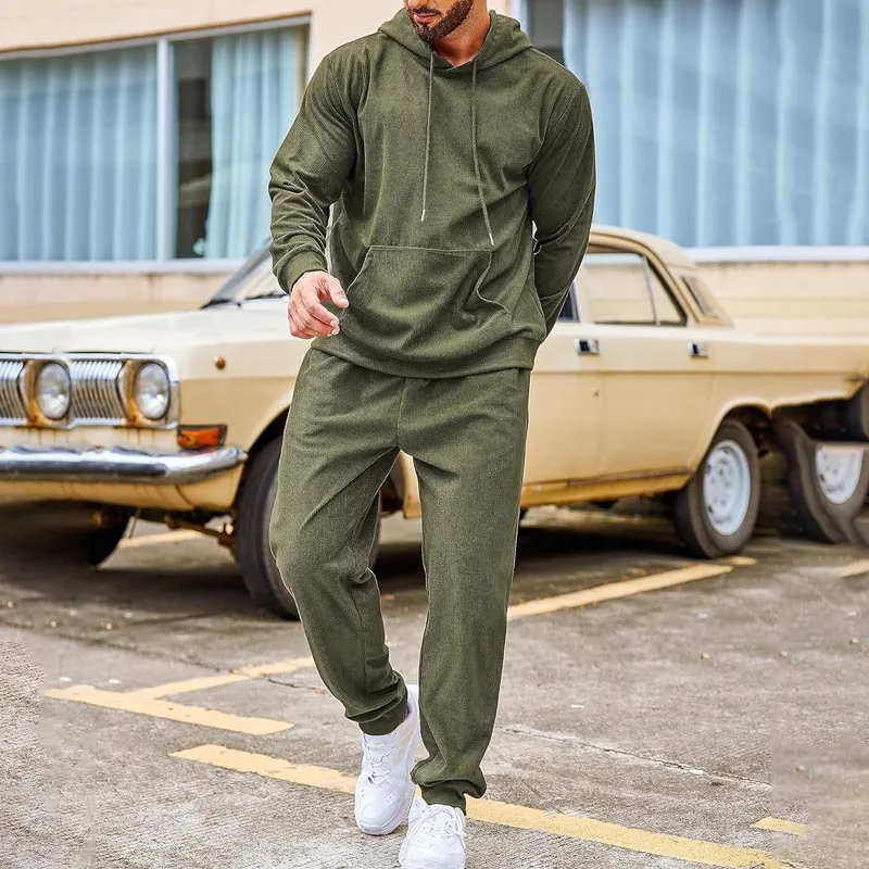 

Cross-border European and American Autumn Winter Casual Men's Sweatshirt Set, Solid Color Pullover Loose Hooded Sportswear Set
