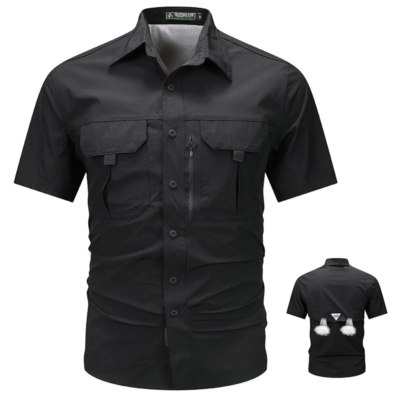 Summer Men's Clothing Short Sleeve Shirt With Multiple Pockets Vintage Nylon Workwear Top For Man Outdoor Utility Casual Style