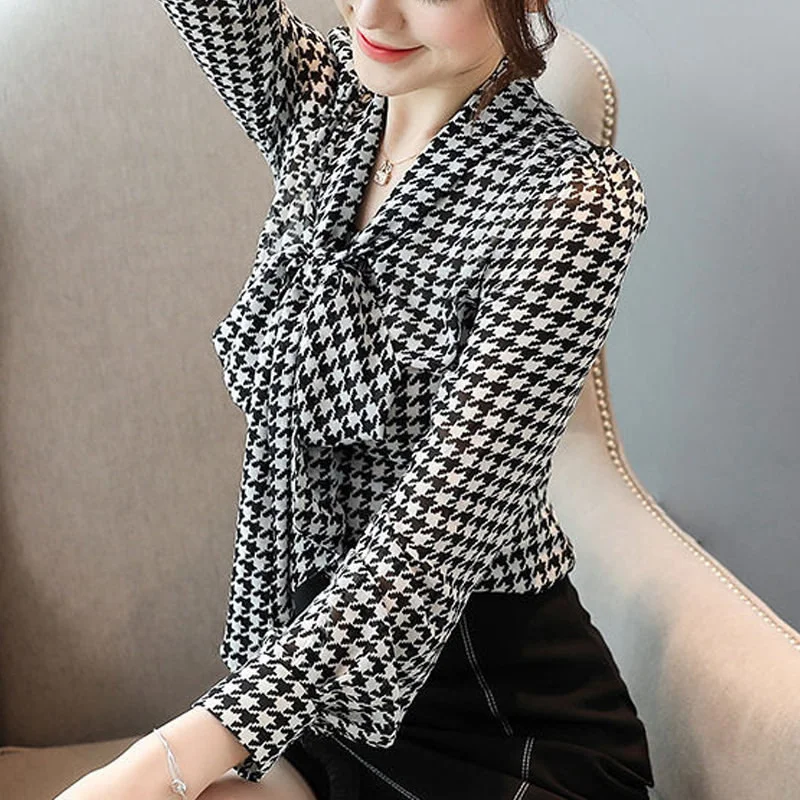 Women Elegant Houndstooth Print Bow Tie Button Up Shirt Autumn Fashion Korean Long Sleeve Office Ladies Blouses Tops Camisas 5XL