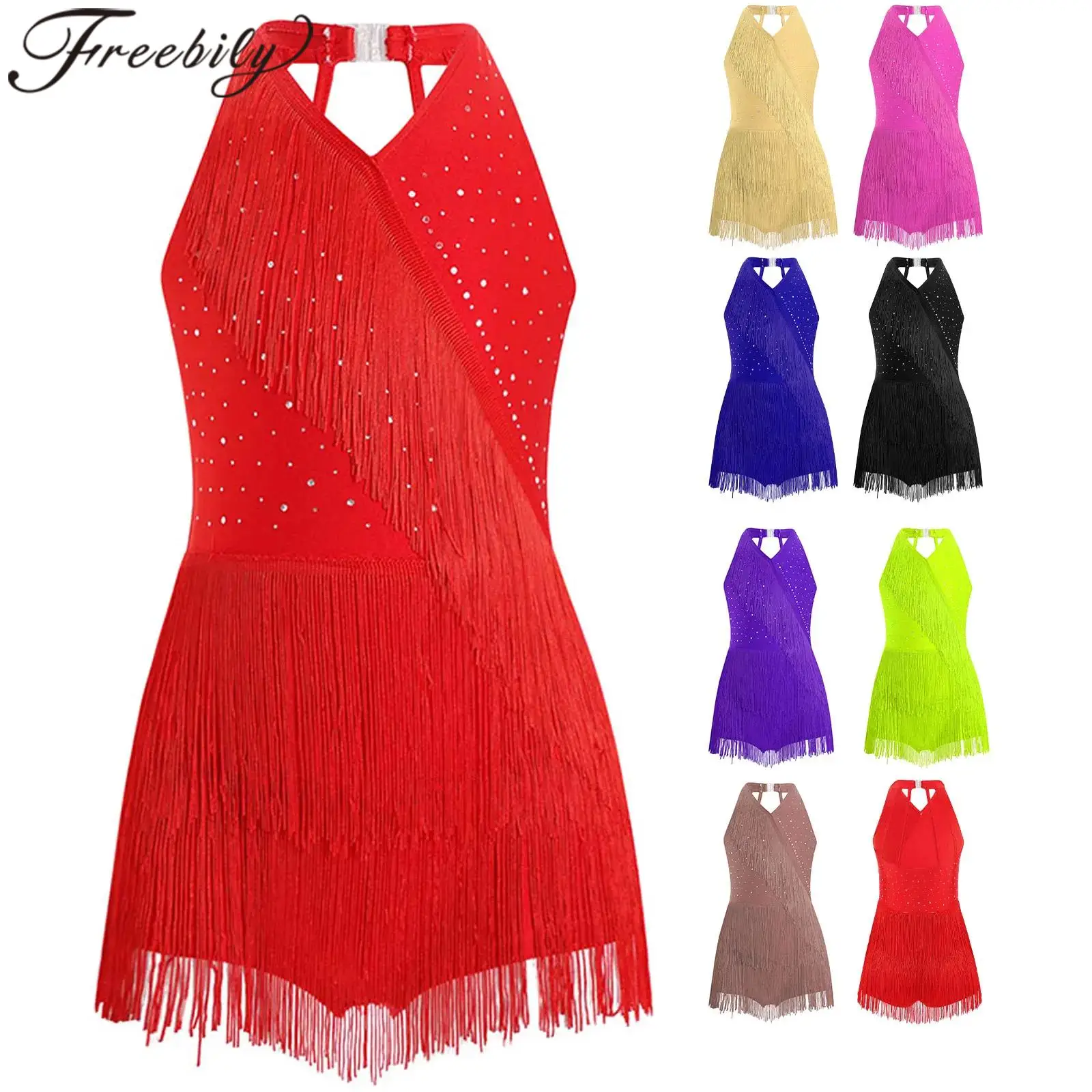 أطفال بنات اللاتينية الرقص السامبا السالسا تشا تشا زي الراين هامش يوتار فستان بلا أكمام Strappy الظهر شرابة بذلة #2