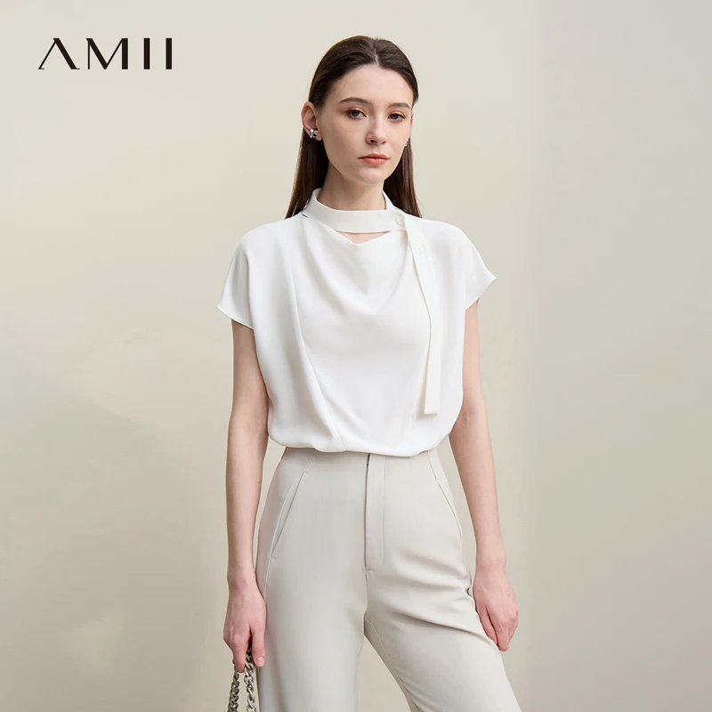 

Женская блузка Amii 2026: Новинка лета, однотонная, с коротким рукавом, шифоновая, элегантная, с воротником-хомутом, свободного кроя, с завязками на шее, модель 12622025