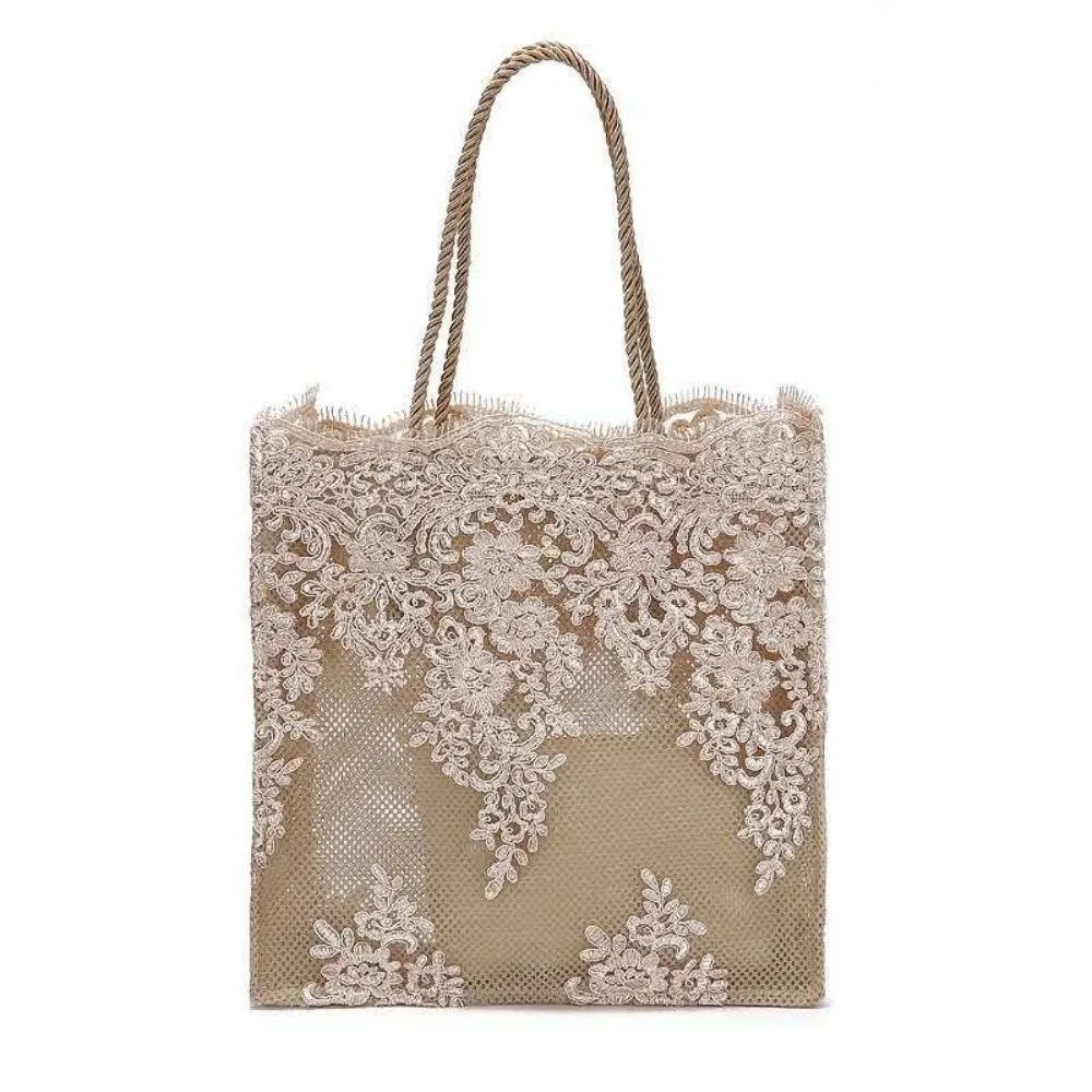 Fashion Lace Handbag Solid Color Large Capacity Wedding Bag Foldable Nylon Shopping Tote view 5