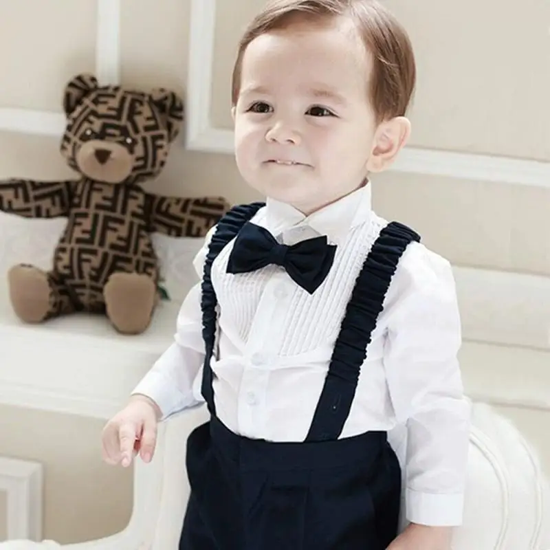 2024 Boys Strap Pants Set Solid Color Pants White Shirt with Bow Baby Boys Trendy Two Piece Sets Children New Outfits Clothes