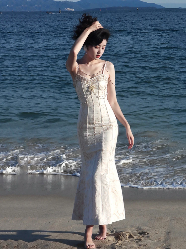 

Роскошные жемчужные платья на подтяжках, весеннее женское длинное платье без рукавов с v-образным вырезом и открытой спиной, летнее платье-бретелька до колена с высокой талией на молнии