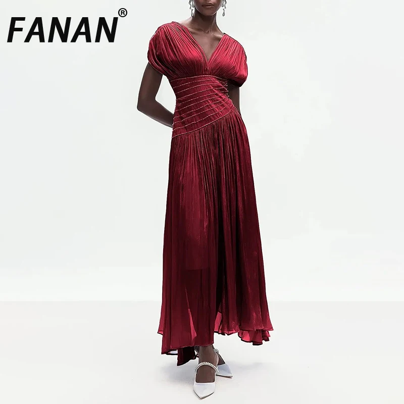 

FANAN Solid Spliced Folds Temperament Long Dress For Women V Neck Sleeveless High Waist Patchwork Hot Fix Dresses Female
