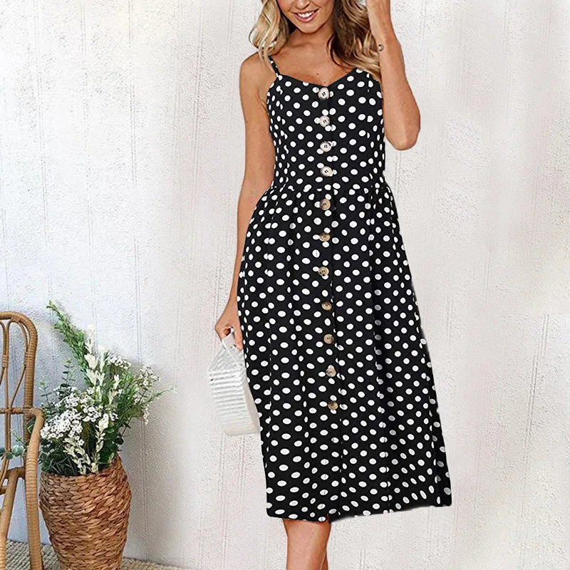 Summer New Women Sexy Sling Pocket Button Dot Beach Dress 2024 Female Bohemia Holiday Retro Fashion Solid Color Odzież damska