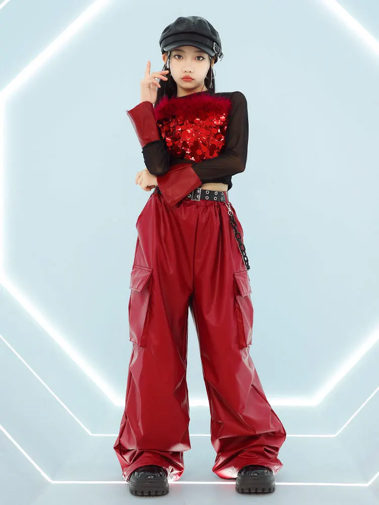 Kind Hip Hop Dance Outfit Mädchen Jazz Dance Kleidung Kpop Bühne Kleidung Pailletten Rot Schwarz Top Shuffle Hosen Street Dance Tragen