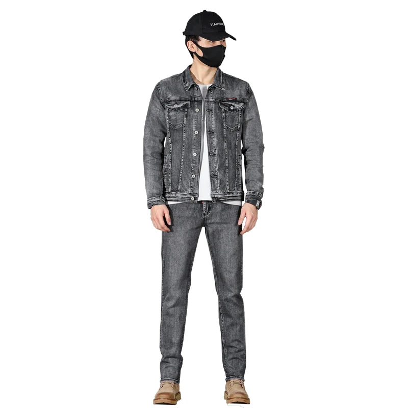 2024 Frühling und Herbst American Grey Denim Jacke Set klassische einfache gewaschene Stretch Jeans Männer Kleidung Kleidung für Männer