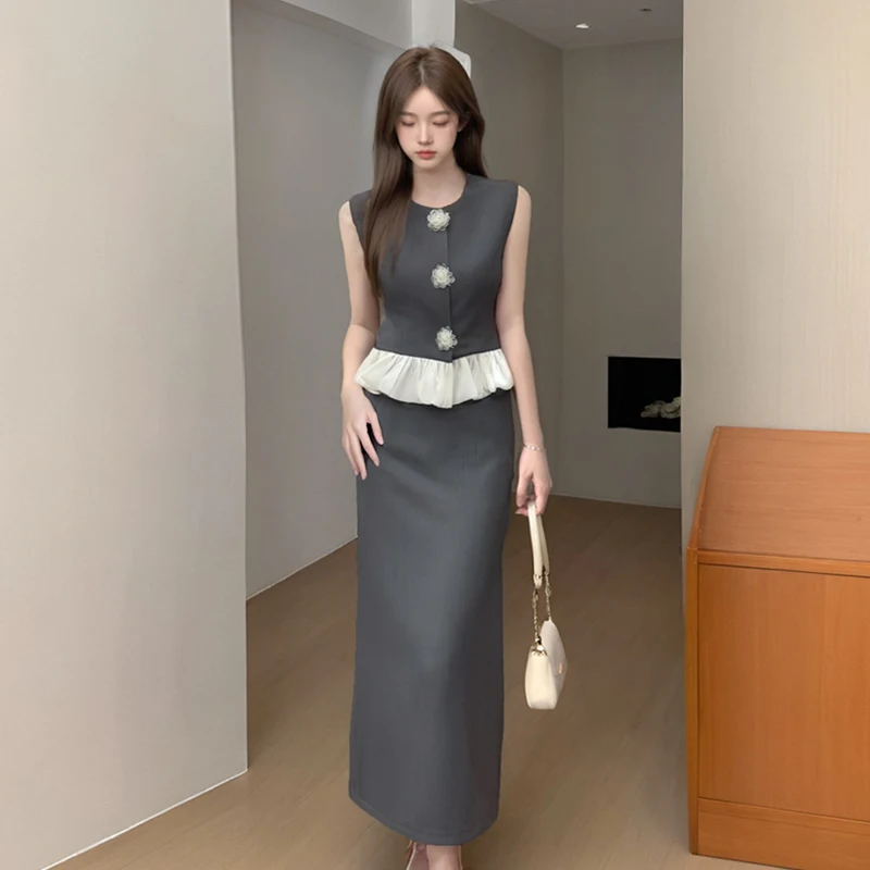 

French Style Suit Women's Summer Three-dimensional Flower Sleeveless Vest High Waist Long Skirt Two-piece Set Female Clothes