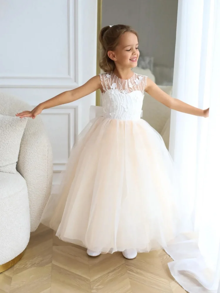 3D Floral Flower Girl Dress Sleeveless Sheer Neck Tulle Long Train Gown Kids Wedding Party Princess Pageant Dresses