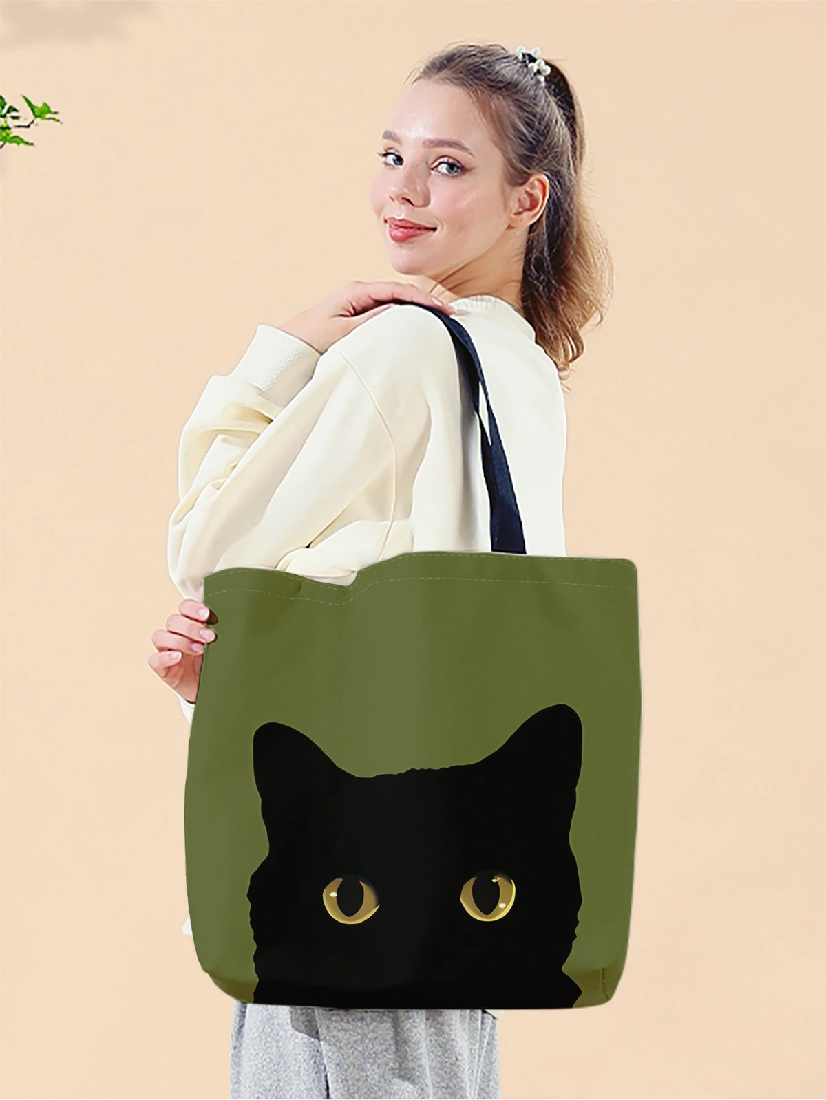 1pc, Cartoon Cat Head Handbag, Reusable Fashionable Handbag, Multifunctional Handbag, Printed Canvas Shopping Bag image 3