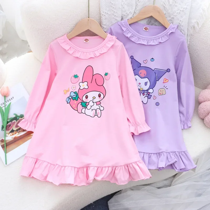 Nightdress Long Sleeve Gift for Kids Kuromi Cinnamoroll Anime Clothes Girls Kawaii Sanrio My Melody Autumn Sweet Cute Cartoon