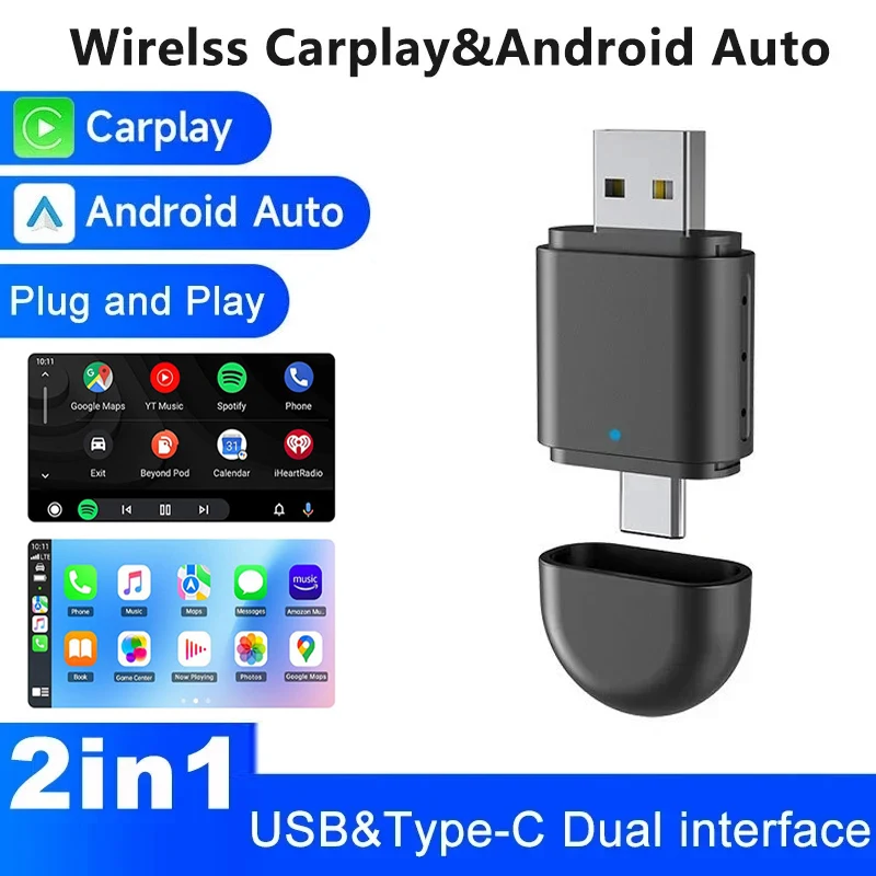 

Mini Wireless Carplay&android Auto 2-In-1 Wireless Adapter Smart Usb Adapter Usb&type-C Dual Connector Wifi Quick Connection