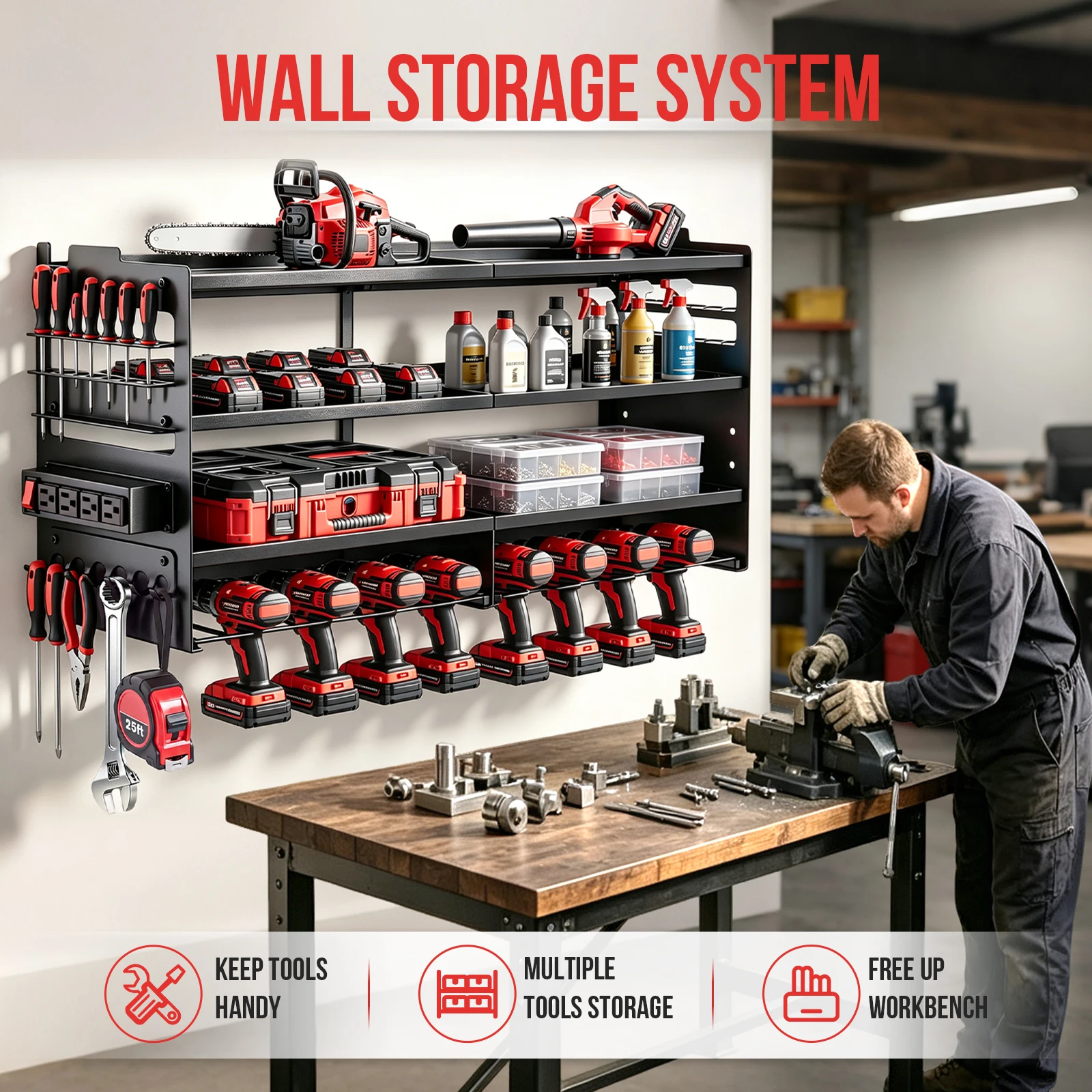 4-Tier Large Power Tool Heavy Duty Organizer Wall Mount Tool with Built-in 8 Drill Holders 4-Outlet Power Strip Side Hooks 600 lbs Capacity for Workshop Garage Basement